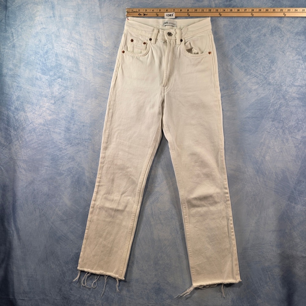 Zara Womens High Waisted Straight Leg Raw Hem White Jeans Size 0 24 x 27
